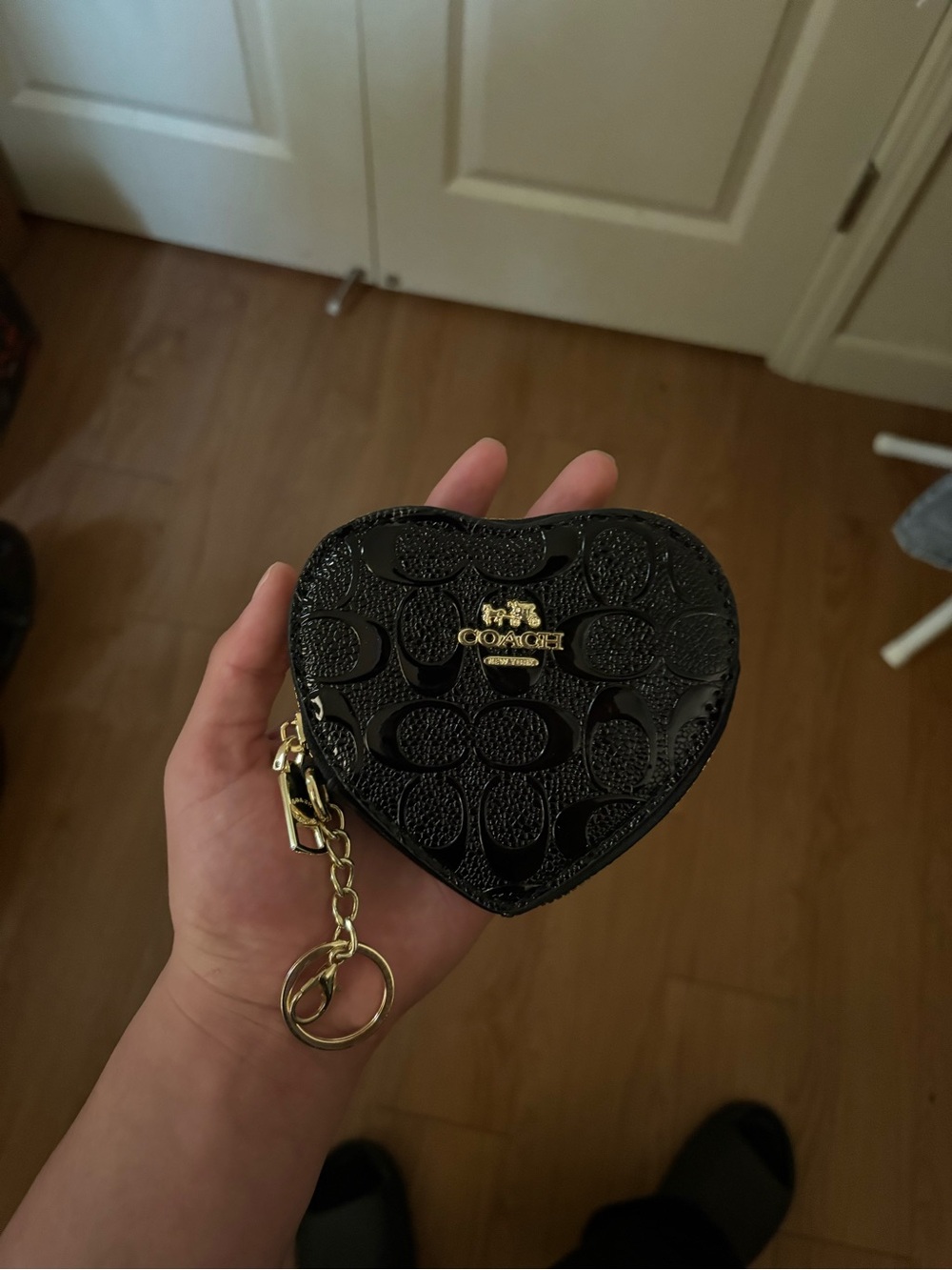 Coach Black Patent Heart Coin Pouch Keyring